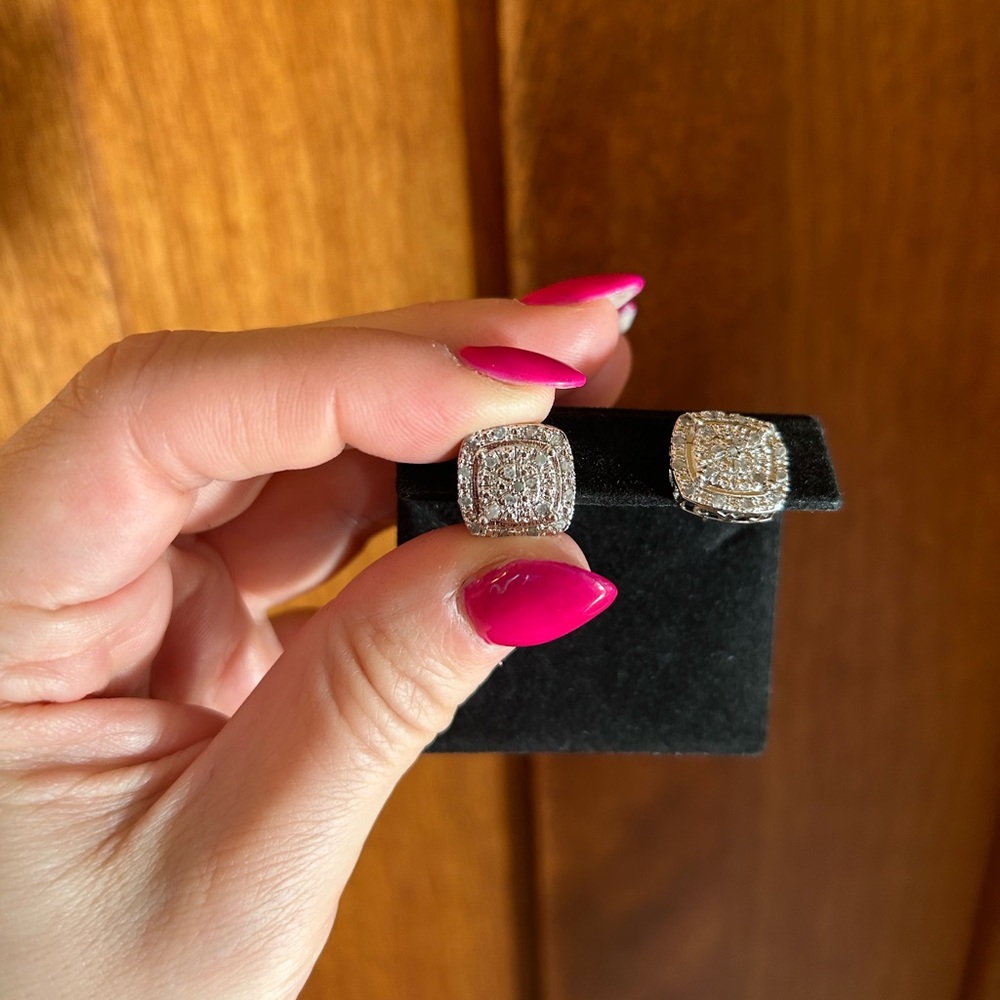 Diamond and sterling silver square shaped earrings